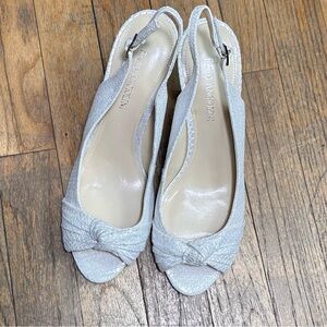 Enzo Angiolini Silver Slingback Peep-Toe Heels